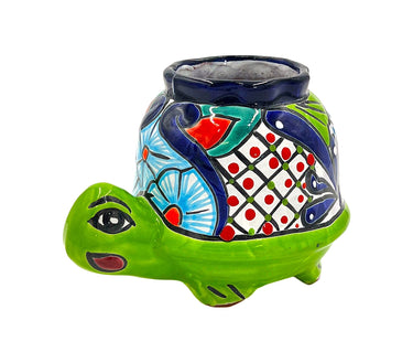 Mexican Talavera Corona Turtle Planter Pot Hand Painted - Lime Green Body